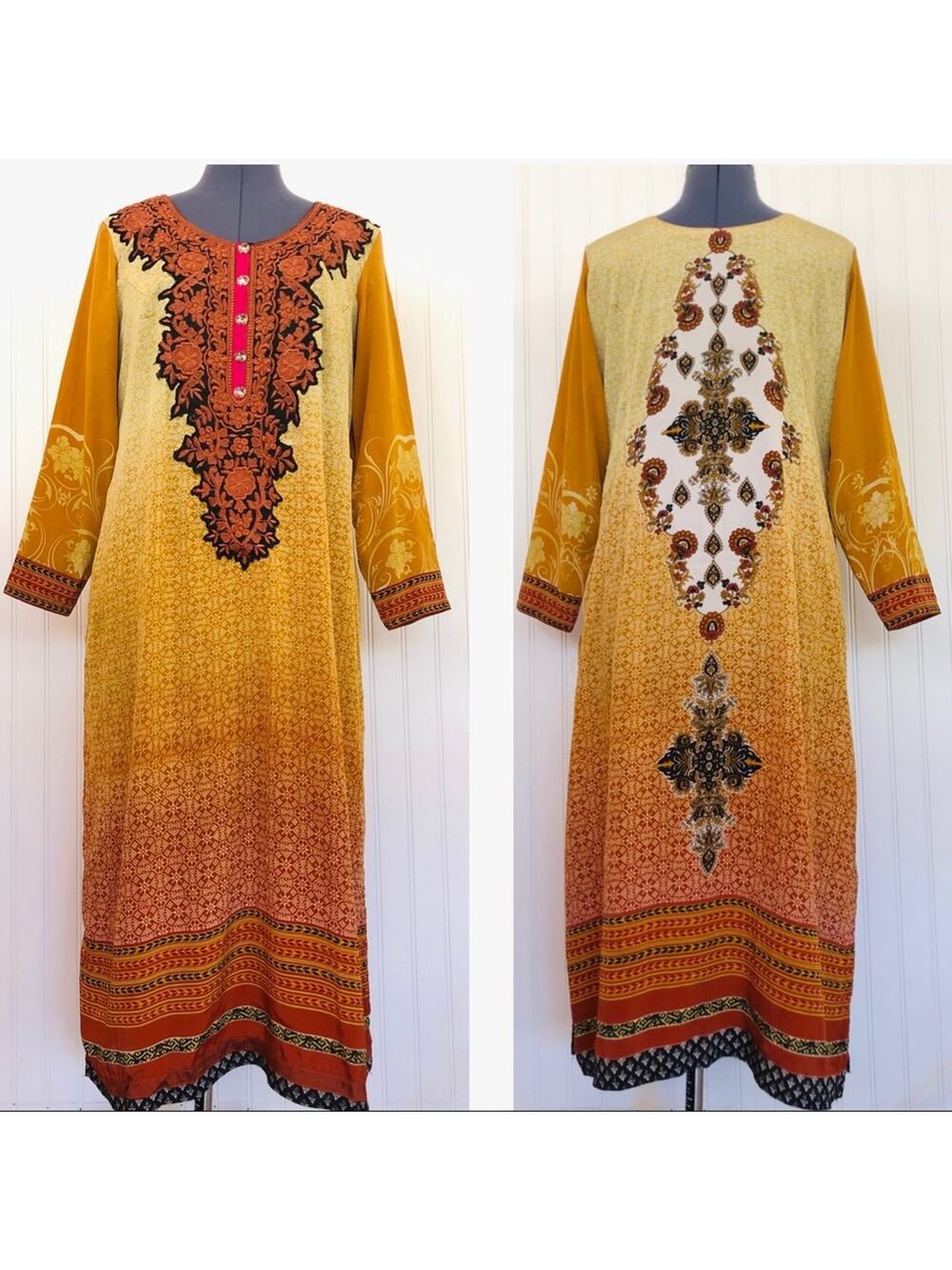 Vintage Dress Colorful Unique Printed Caftan Silky Paisley Asian Indian Kurta L